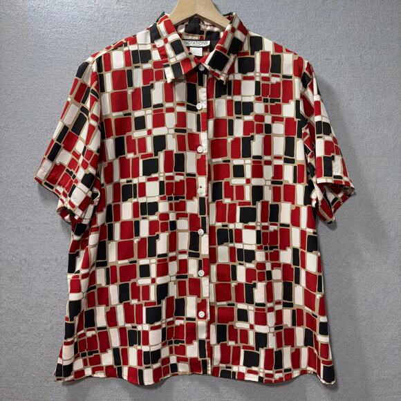 Vintage Notations Red Geometric Pattern Button down Short Sleeve Blouse 18w - Picture 1 of 4